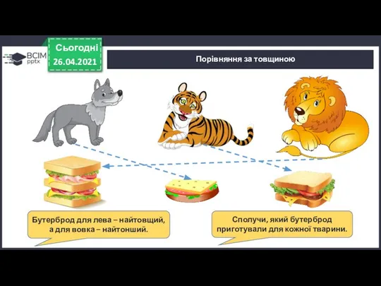 Сьогодні 26.04.2021 Порівняння за товщиною Бутерброд для лева – найтовщий, а