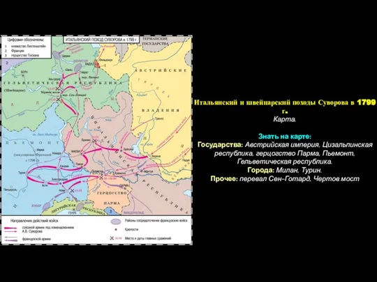 Итальянский и швейцарский походы Суворова в 1799 г. Карта. Знать на