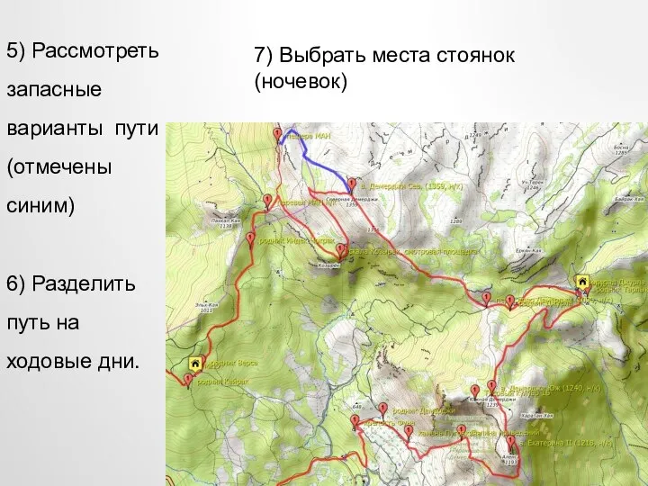 5) Рассмотреть запасные варианты пути (отмечены синим) 6) Разделить путь на