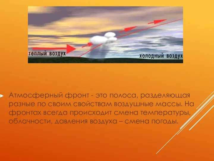 Атмосферный фронт - это полоса, разделяющая разные по своим свойствам воздушные