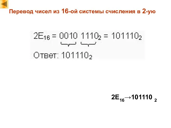 Перевод чисел из 16-ой системы счисления в 2-ую 2E16→101110 2