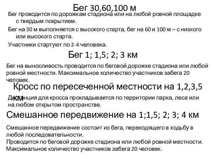 Бег 30,60,100 м Бег проводится по дорожкам стадиона или на любой