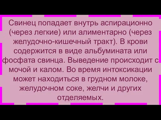 Свинец попадает внутрь аспирационно (через легкие) или алиментарно (через желудочно-кишечный тракт).