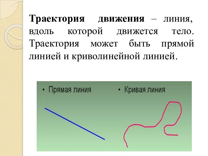 Траектория движения – линия, вдоль которой движется тело. Траектория может быть прямой линией и криволинейной линией.