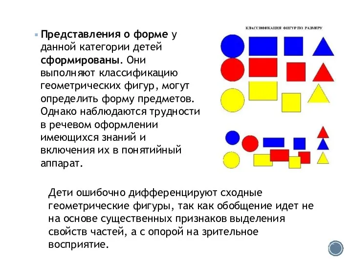 Представления о форме у данной категории детей сформированы. Они выполняют классификацию