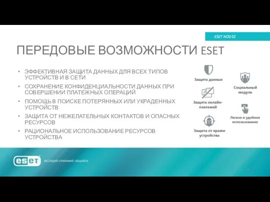 ПЕРЕДОВЫЕ ВОЗМОЖНОСТИ ESET ESET NOD32 ЭФФЕКТИВНАЯ ЗАЩИТА ДАННЫХ ДЛЯ ВСЕХ ТИПОВ