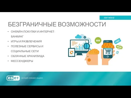 БЕЗГРАНИЧНЫЕ ВОЗМОЖНОСТИ ESET NOD32 ОНЛАЙН-ПОКУПКИ И ИНТЕРНЕТ-БАНКИНГ ИГРЫ И РАЗВЛЕЧЕНИЯ ПОЛЕЗНЫЕ