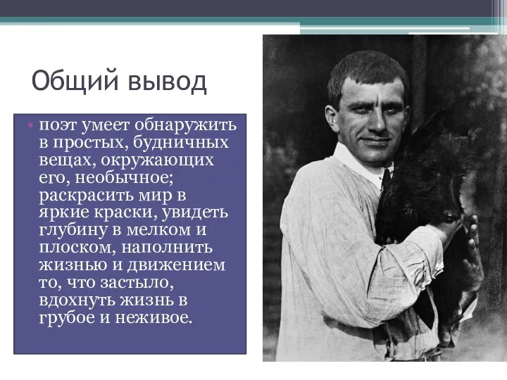 Общий вывод поэт умеет обнаружить в простых, будничных вещах, окружающих его,