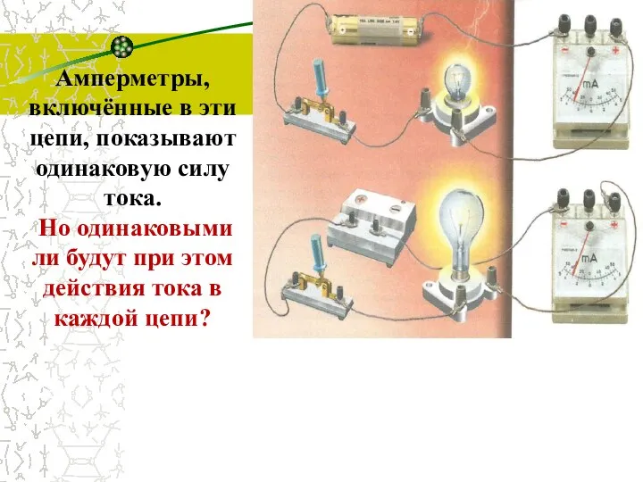 Амперметры, включённые в эти цепи, показывают одинаковую силу тока. Но одинаковыми