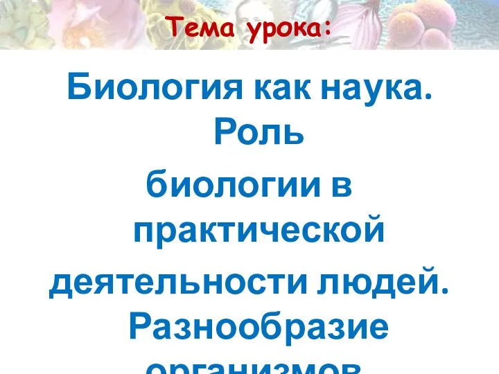 Тема урока: Биология как наука. Роль биологии в практической деятельности людей. Разнообразие организмов.