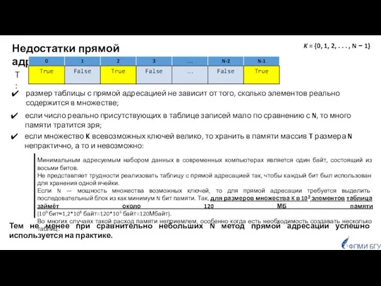 размер таблицы с прямой адресацией не зависит от того, сколько элементов