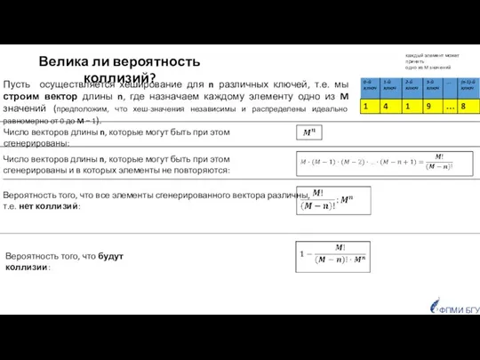 Велика ли вероятность коллизий? Пусть осуществляется хеширование для n различных ключей,