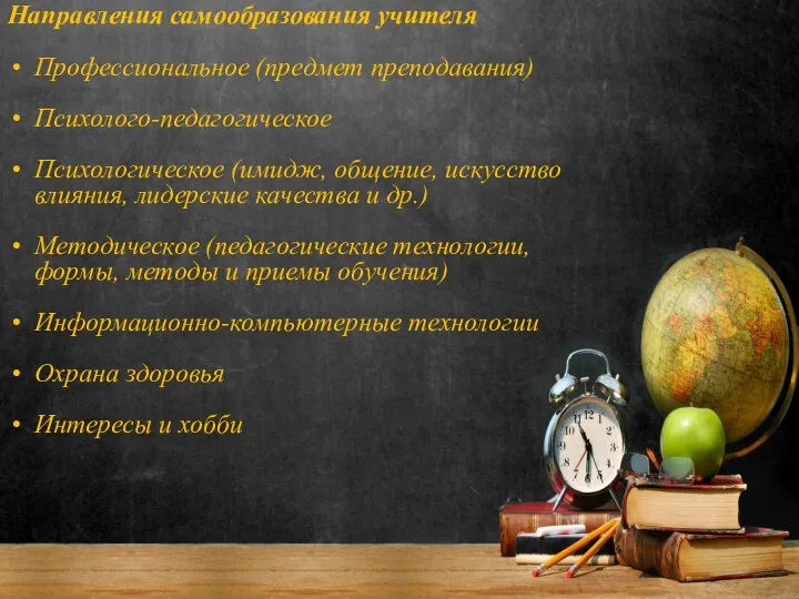 Направления самообразования учителя Профессиональное (предмет преподавания) Психолого-педагогическое Психологическое (имидж, общение, искусство