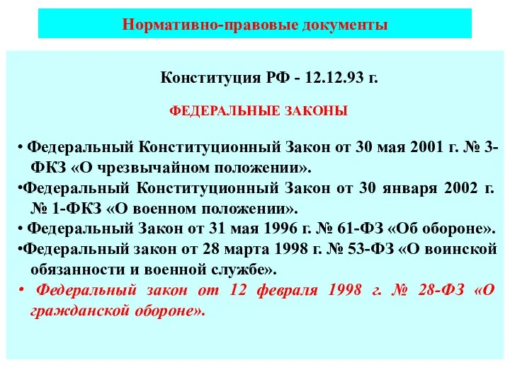 Нормативно-правовые документы Конституция РФ - 12.12.93 г. ФЕДЕРАЛЬНЫЕ ЗАКОНЫ ∙ Федеральный