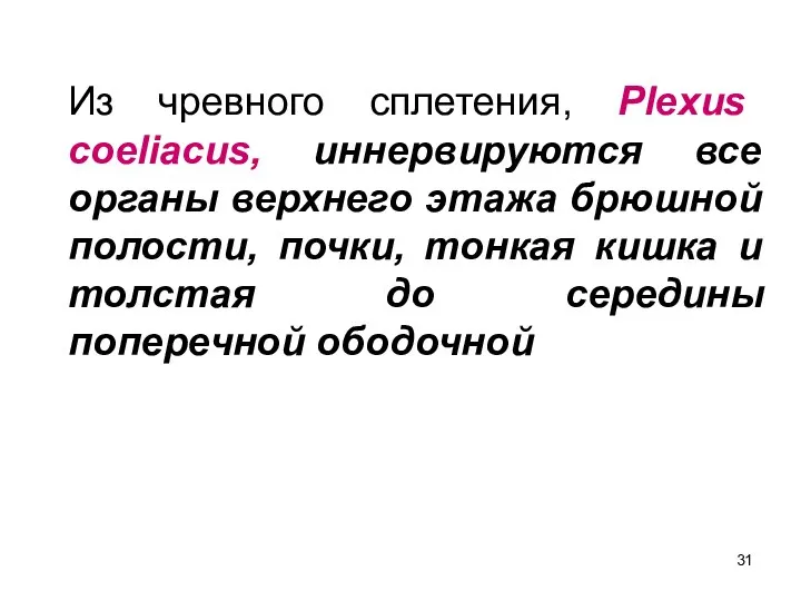 Из чревного сплетения, Plexus coeliacus, иннервируются все органы верхнего этажа брюшной