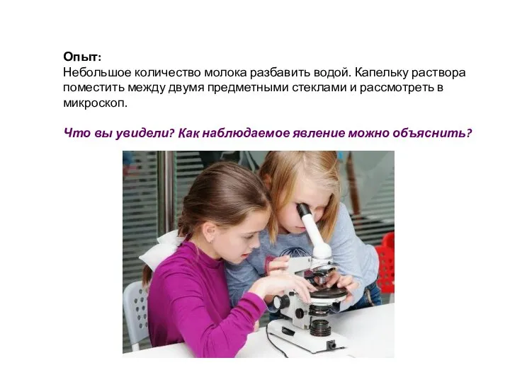 Опыт: Небольшое количество молока разбавить водой. Капельку раствора поместить между двумя