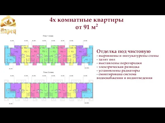 4х комнатные квартиры от 91 м2 Отделка под чистовую - выровнены