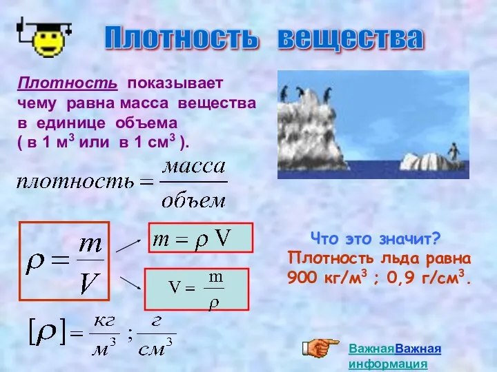 Плотность вещества Что это значит? Плотность льда равна 900 кг/м3 ;