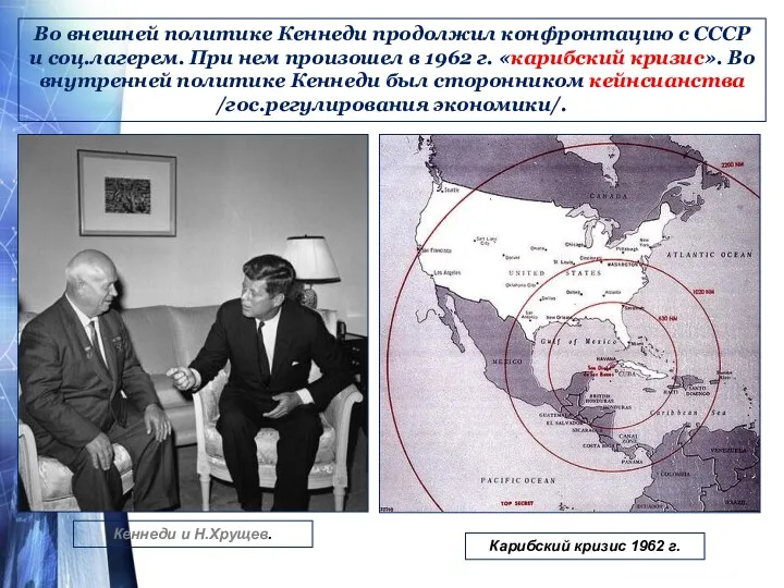 Во внешней политике Кеннеди продолжил конфронтацию с СССР и соц.лагерем. При