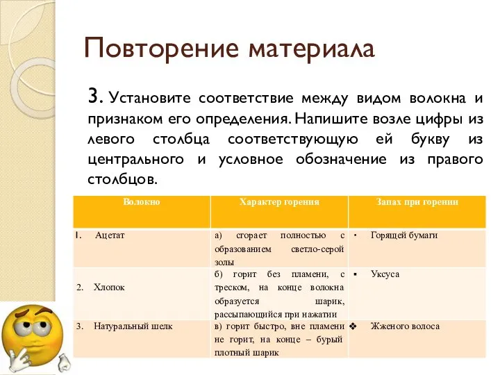 Повторение материала 3. Установите соответствие между видом волокна и признаком его