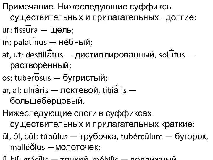 Примечание. Нижеследующие суффиксы существительных и прилагательных - долгие: ur: fissu̅́ra —