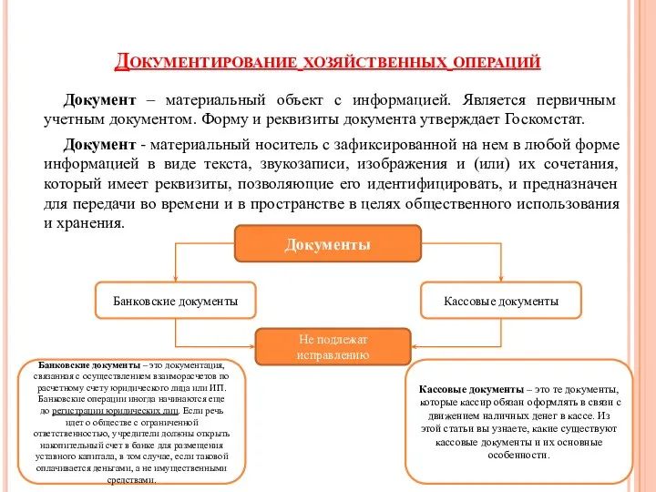 Документирование хозяйственных операций Документ – материальный объект с информацией. Является первичным