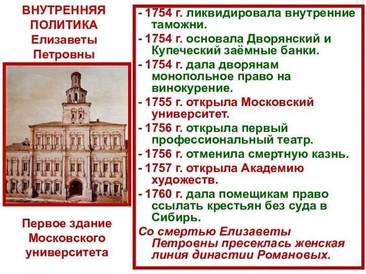 - 1754 г. ликвидировала внутренние таможни. - 1754 г. основала Дворянский