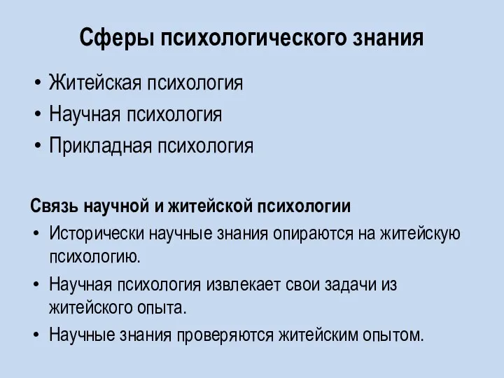 Сферы психологического знания Житейская психология Научная психология Прикладная психология Связь научной