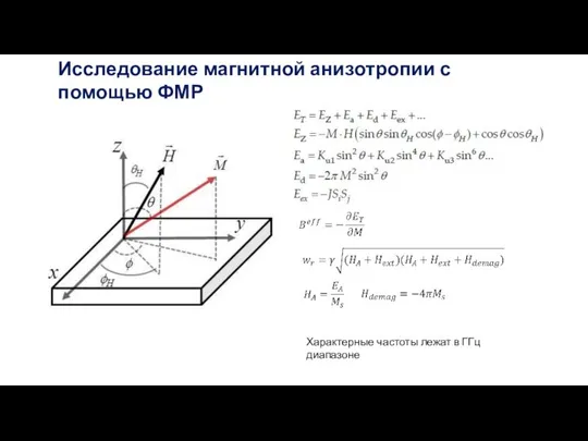 Исследование магнитной анизотропии с помощью ФМР Характерные частоты лежат в ГГц диапазоне