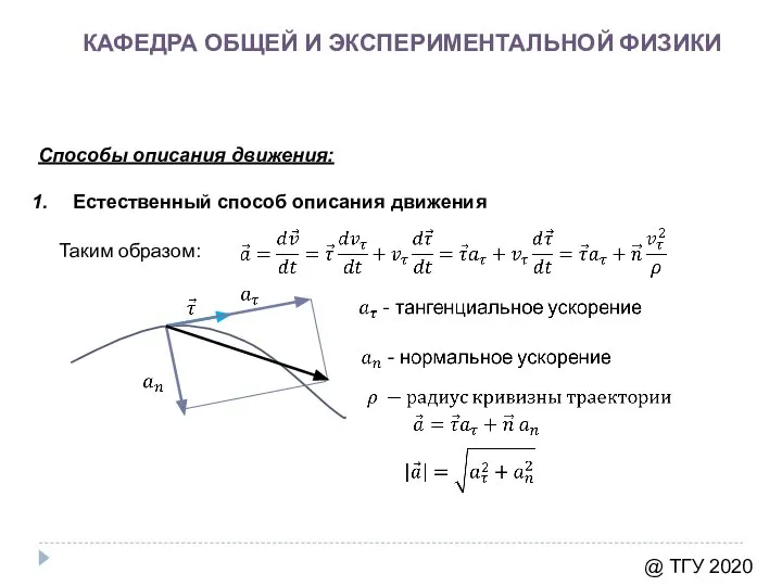 КАФЕДРА ОБЩЕЙ И ЭКСПЕРИМЕНТАЛЬНОЙ ФИЗИКИ @ ТГУ 2020 Способы описания движения: