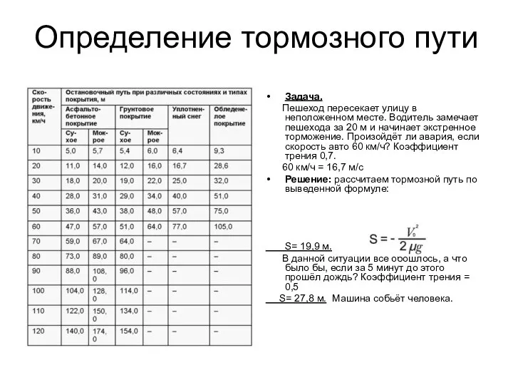 Определение тормозного пути Задача. Пешеход пересекает улицу в неположенном месте. Водитель