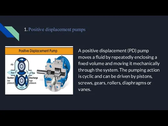 1. Positive displacement pumps A positive displacement (PD) pump moves a