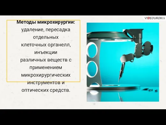 Методы микрохирургии: удаление, пересадка отдельных клеточных органелл, инъекции различных веществ с