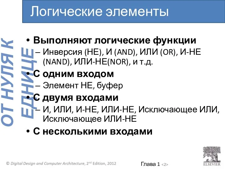 Выполняют логические функции Инверсия (НЕ), И (AND), ИЛИ (OR), И-НЕ(NAND), ИЛИ-НЕ(NOR),