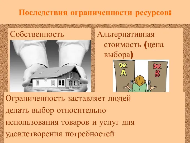 Последствия ограниченности ресурсов: Собственность Альтернативная стоимость (цена выбора) Ограниченность заставляет людей