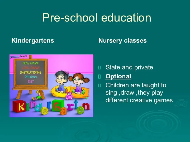 Pre-school education Kindergartens Nursery classes State and private Optional Children are