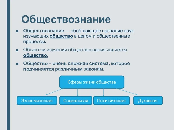 Обществознание Обществознание — обобщающее название наук, изучающих общество в целом и