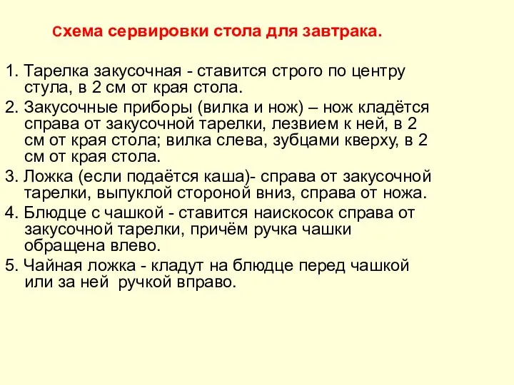 Схема сервировки стола для завтрака. 1. Тарелка закусочная - ставится строго