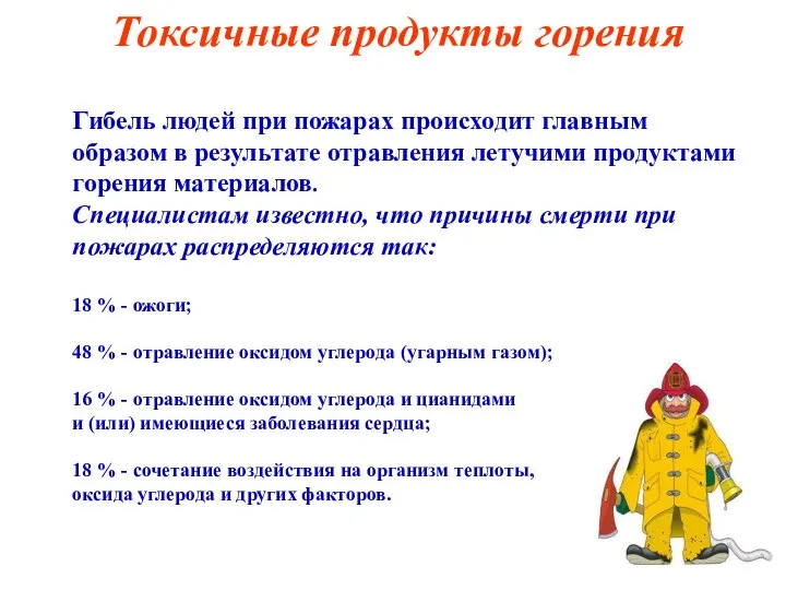 Токсичные продукты горения Гибель людей при пожарах происходит главным образом в