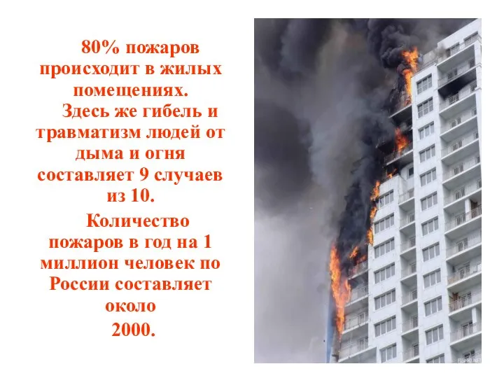 80% пожаров происходит в жилых помещениях. Здесь же гибель и травматизм