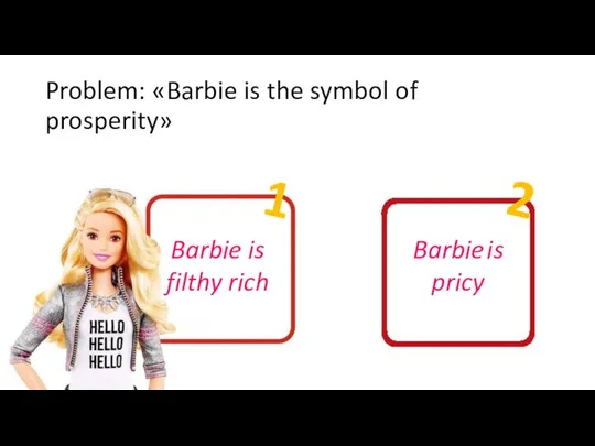 Problem: «Barbie is the symbol of prosperity» Barbie is filthy rich Barbie is pricy 1 2