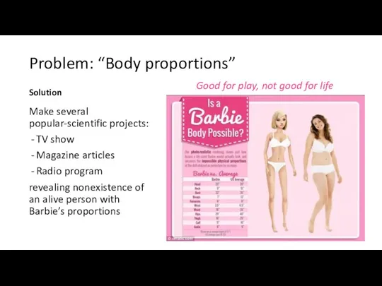 Problem: “Body proportions” Solution Make several popular-scientific projects: TV show Magazine