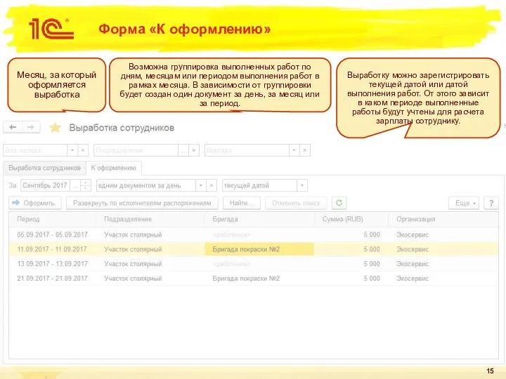 Форма «К оформлению» Месяц, за который оформляется выработка Возможна группировка выполненных