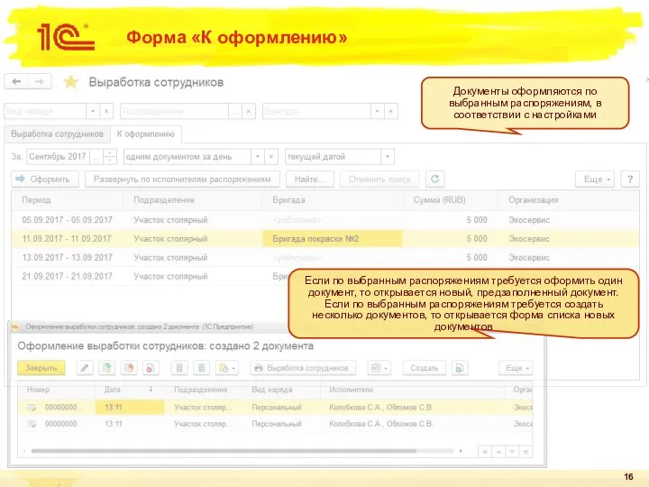 Форма «К оформлению» Документы оформляются по выбранным распоряжениям, в соответствии с