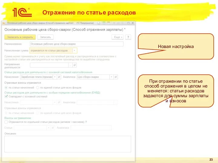 Отражение по статье расходов Новая настройка При отражении по статье способ