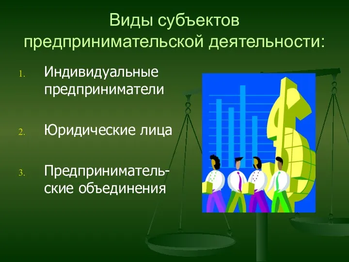 Виды субъектов предпринимательской деятельности: Индивидуальные предприниматели Юридические лица Предприниматель-ские объединения