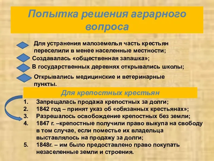 Попытка решения аграрного вопроса Для устранения малоземелья часть крестьян переселили в