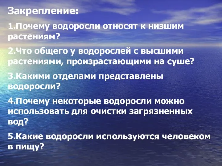 Закрепление: 1.Почему водоросли относят к низшим растениям? 2.Что общего у водорослей