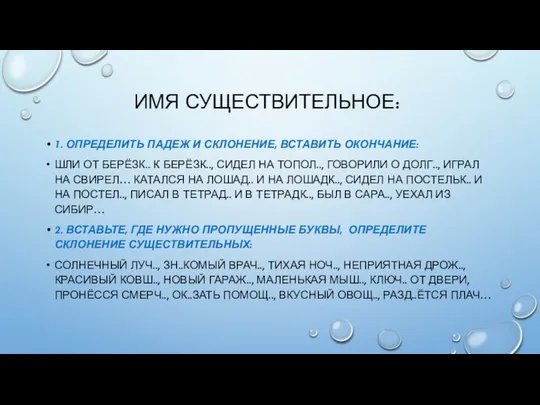 ИМЯ СУЩЕСТВИТЕЛЬНОЕ: 1. ОПРЕДЕЛИТЬ ПАДЕЖ И СКЛОНЕНИЕ, ВСТАВИТЬ ОКОНЧАНИЕ: ШЛИ ОТ