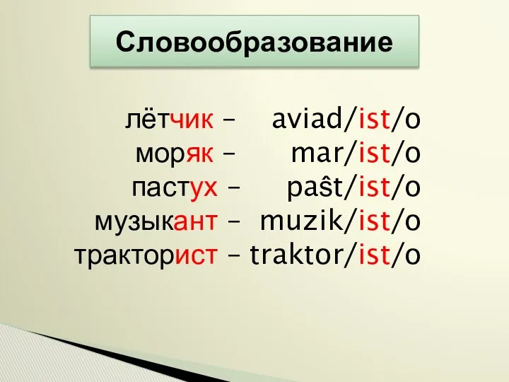 Словообразование лётчик – aviad/ist/o моряк – mar/ist/o пастух – paŝt/ist/o музыкант – muzik/ist/o тракторист – traktor/ist/o